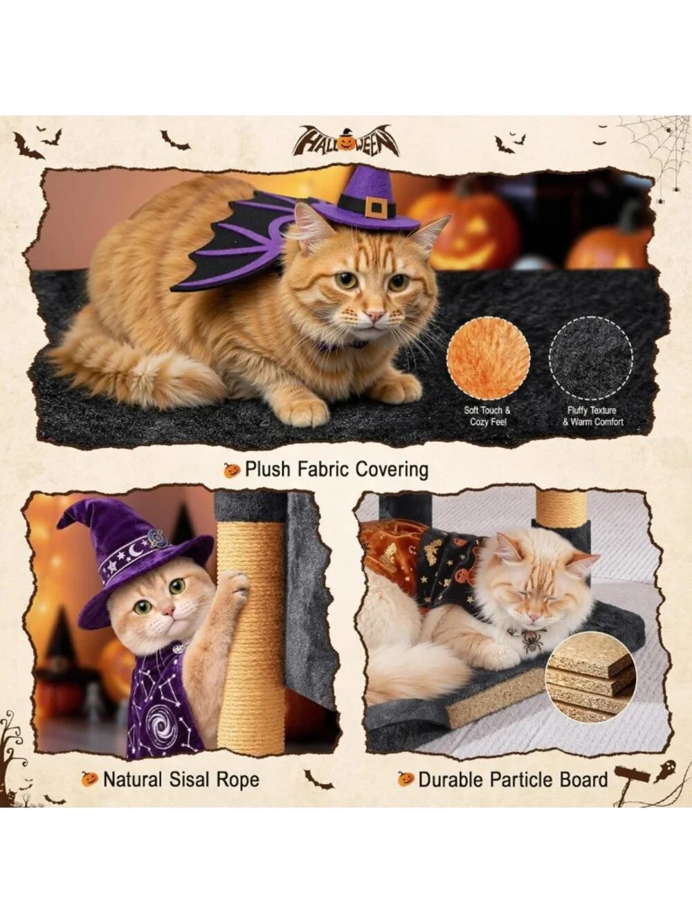 Halloween Cat Tree for Cats - Black & Pumpkin Orange Small Cat Tower, Fun & Cozy